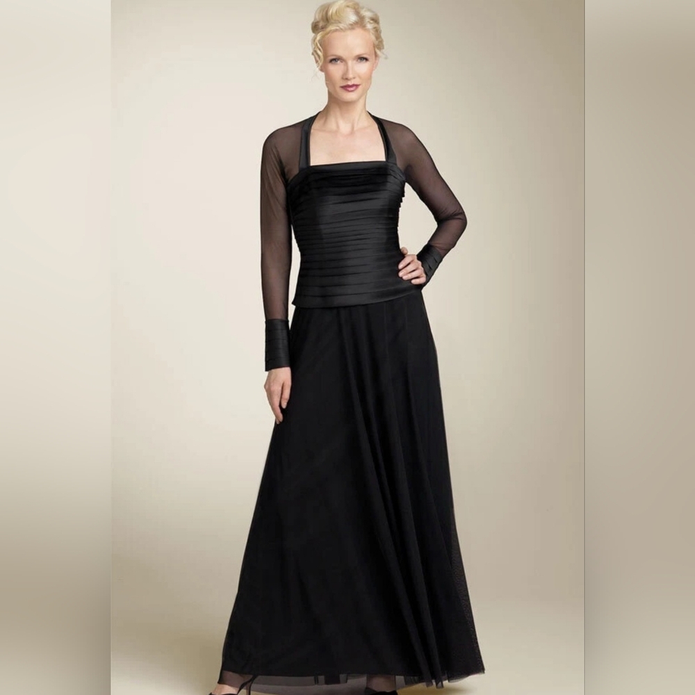 JS Collections Illusion Bodice Black Long-Sleeves Sheer Fit & Flare Dress  Sz 6